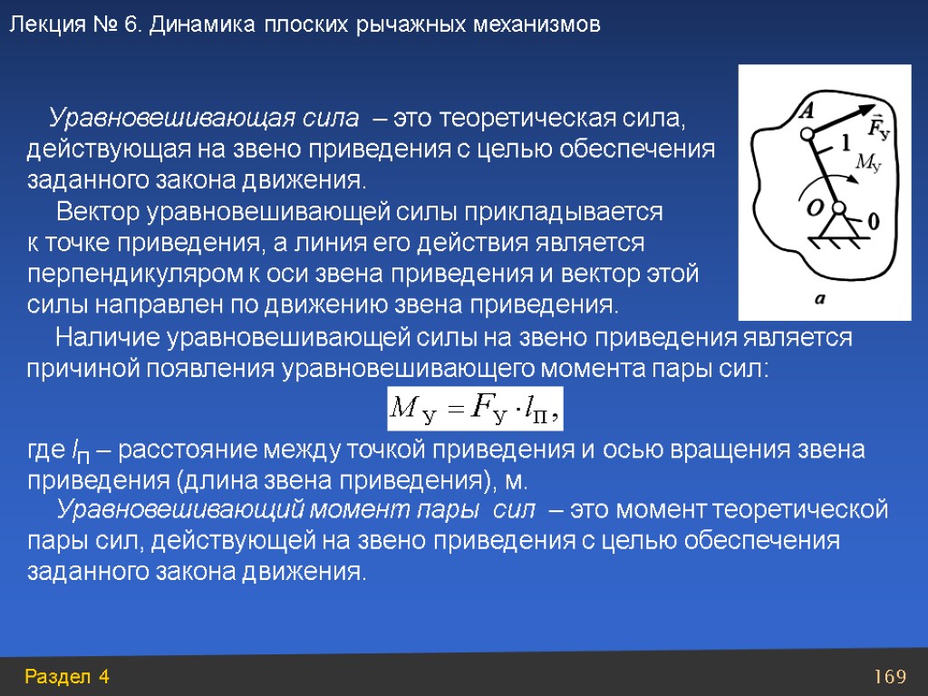 Вектор уравновешивающей силы прикладывается к точке приведения, а линия его действия является перпендикуляром к